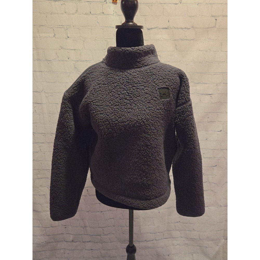 Under Armor Cropped Womens Sherpa Pull Over Mock Neck Sz M Loose Fit Gray/Purple